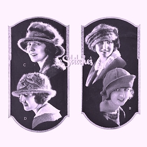 Könnte beinhalten: Vier Vintage-Schwarzweißfotos von Frauen, die verschiedene Arten von Strickmützen tragen. Die Mützen sind alle in verschiedenen Grautönen gehalten und weisen unterschiedliche Texturen und Verzierungen auf.