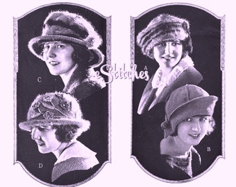 1920s Hats, Berets and Brimmed Bonnets for Women and Children from 1922  -  8 Knit and Crochet patterns PDF 0922