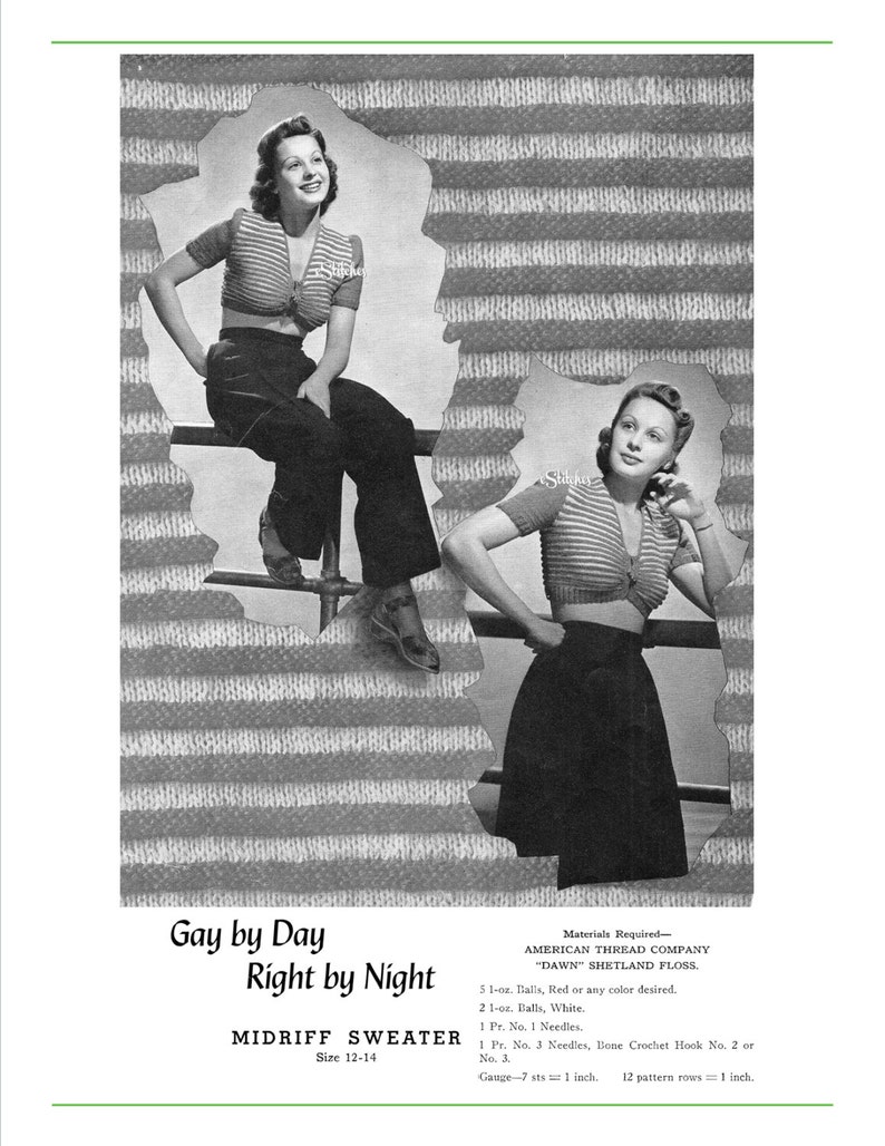 1940s Sexy Midriff Sweater Day or Evening Knit pattern PDF 1303 image 3