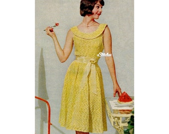 1960s Party Dress with Fun Scooped Neckline and Sash - Knit pattern PDF 1063