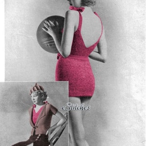 May include: A vintage knitting pattern for a pink swimsuit and matching hat. The pattern includes instructions for a skirt and a cardigan.