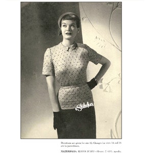 May include: A black and white photo of a woman wearing a white and black polka dot dress with a matching hat. The dress has a fitted bodice and a full skirt. The woman is standing with her hand on her hip. The photo is from a vintage knitting pattern.