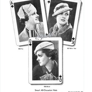 May include: A vintage advertisement for crochet hats, featuring three women wearing different styles: a fez, a beret, and a brimmed hat. The advertisement includes instructions for each hat, including the yarn type, hook size, and gauge.