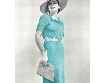 1930s Frock or Dress Square Neck Ruffle, Flared Skirt - Crochet pattern PDF 1094