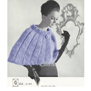 May include: A vintage knitting pattern for a purple knitted cape with a button closure. The pattern is from Gala, No. 8520 and includes sizes 10-12, 14-16, and 18-20.