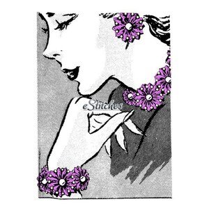 May include: Black and white illustration of a woman wearing floral jewelry. The jewelry includes earrings, a necklace, and a bracelet, all featuring purple flower designs. The image has a vintage, retro style.
