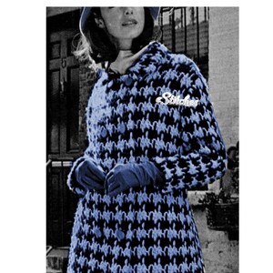 May include: A blue and black houndstooth coat with a button closure. The coat has a collar and long sleeves.