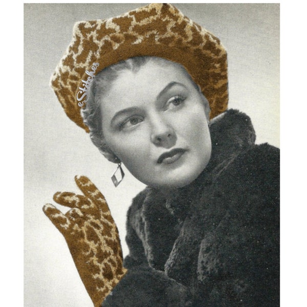 1940s Leopard Print Hat and Gloves - 2 Knit patterns PDF 5345