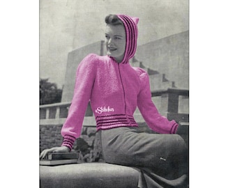 1930s Sporty Hooded Sweater with Striped Edges - Knit PDF pattern 0293