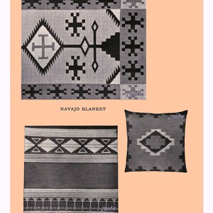 May include: Two woven blankets with geometric patterns in black, white, and gray. The top blanket is labeled "Navajo Blanket" and the bottom blanket is labeled "Comanche Blanket".
