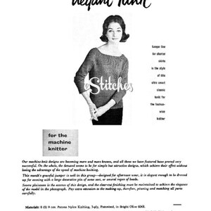 May include: A black and white image of a woman wearing a knitted tunic. The tunic is a longer style, with a boat neck and long sleeves. The text "Elegant Tunic" is at the top of the image, and the text "Stitches" is in the center of the image.
