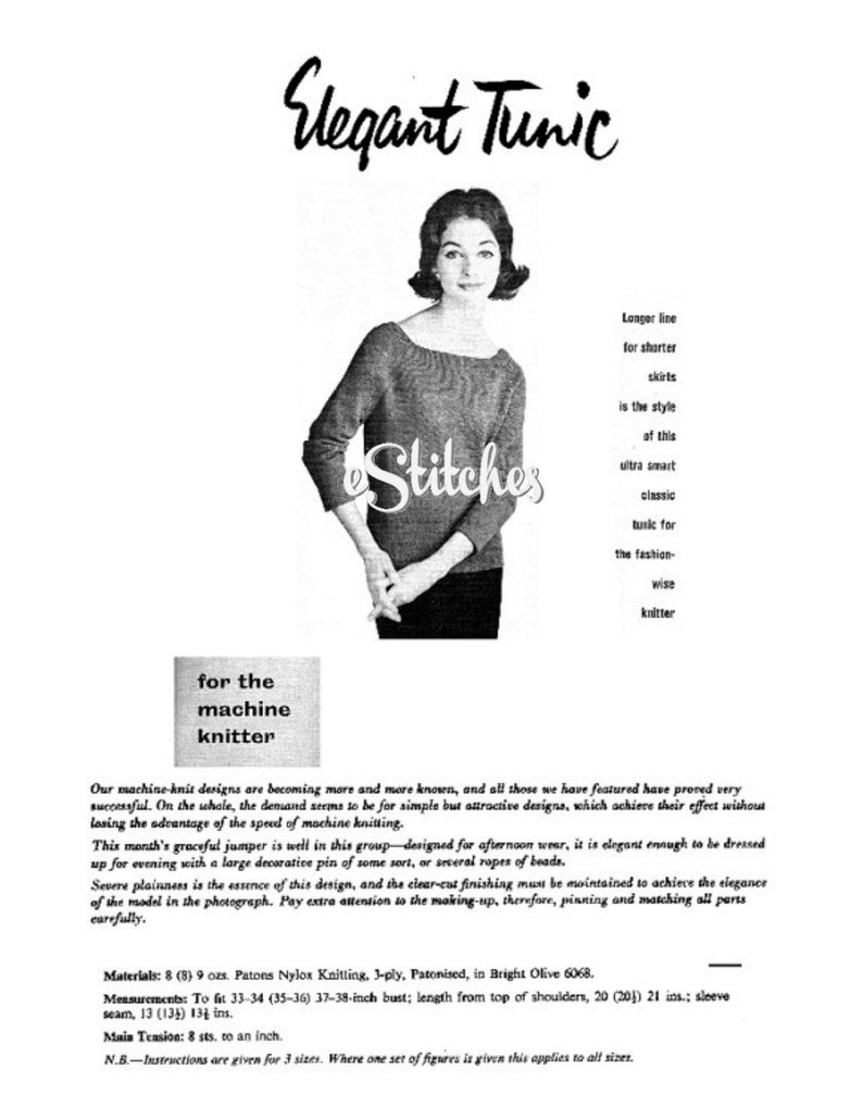 May include: A black and white image of a woman wearing a knitted tunic. The tunic is a longer style, with a boat neck and long sleeves. The text "Elegant Tunic" is at the top of the image, and the text "Stitches" is in the center of the image.