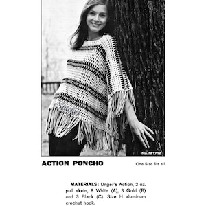 1970s Crocheted Striped Lacy Poncho with Fringe Crochet pattern PDF 1712 image 3