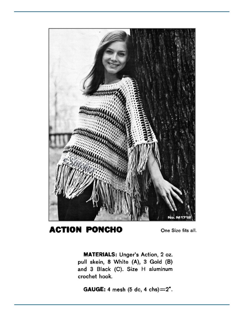 1970s Crocheted Striped Lacy Poncho with Fringe Crochet pattern PDF 1712 image 3