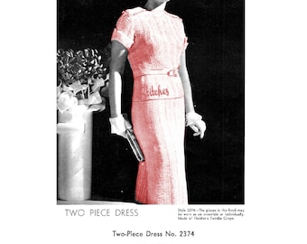 1930s Dress with Short Cuffed Blouse, Epaulets and Slim Skirt - 1 Hairpin Lace pattern PDF 2374