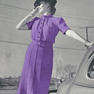 1930s Dress Button Front High Neck Blouse and Flared Seamed  Skirt - Knit pattern PDF 1176