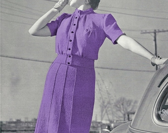 1930s Dress Button Front High Neck Blouse and Flared Seamed  Skirt - Knit pattern PDF 1176