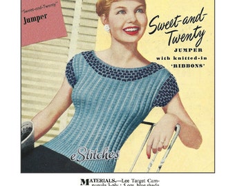1950s Simple Blouse Ribbon Accented - Knit pattern PDF 0243