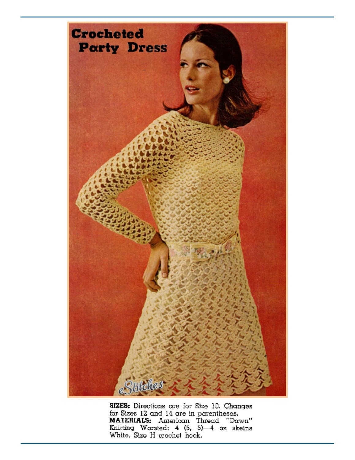 1960s Lace Crochet Party Dress Long Sleeves Crochet Pattern