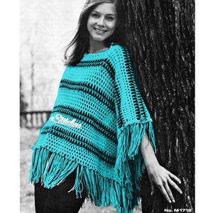 1970s Crocheted Striped Lacy Poncho with Fringe Crochet pattern PDF 1712 image 2