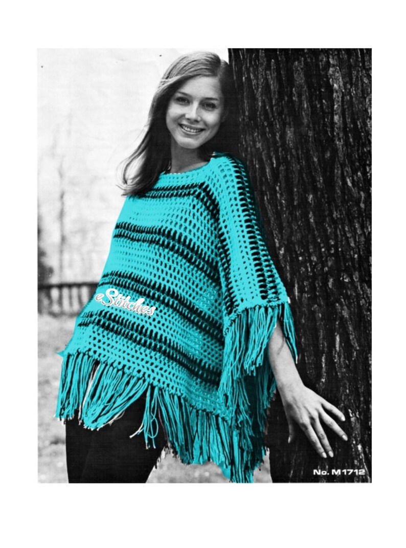 1970s Crocheted Striped Lacy Poncho with Fringe Crochet pattern PDF 1712 image 2