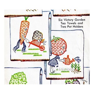 1940s Victory Garden DIY TRANSFERS Postacie z warzyw na ściereczki kuchenne, uchwyty do garnków i inne - 8 wzorów do haftu w formacie PDF 1216