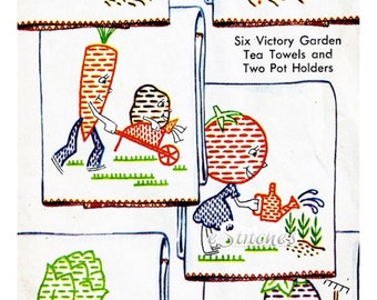1940s Victory Garden DIY TRANSFERS Vegetable Characters for Tea Towels, Pot Holders and more - 8 PDF Embroidery Transfer patterns 1216