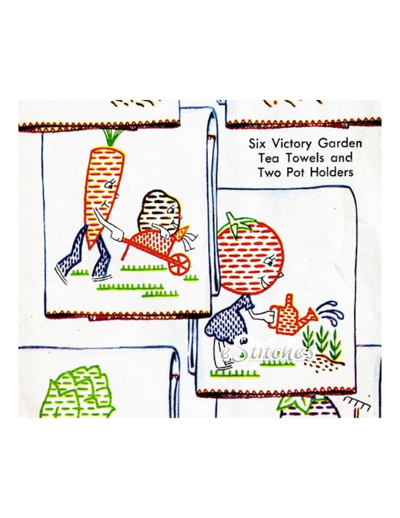 1940s Victory Garden DIY TRANSFERS Vegetable Characters for Tea Towels, Pot Holders and more - 8 PDF Embroidery Transfer patterns 1216 image 1
