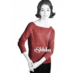 May include: A red sweater with a scoop neck and three-quarter sleeves. The sweater is knit and has a slightly textured surface. The model is wearing the sweater with black pants.