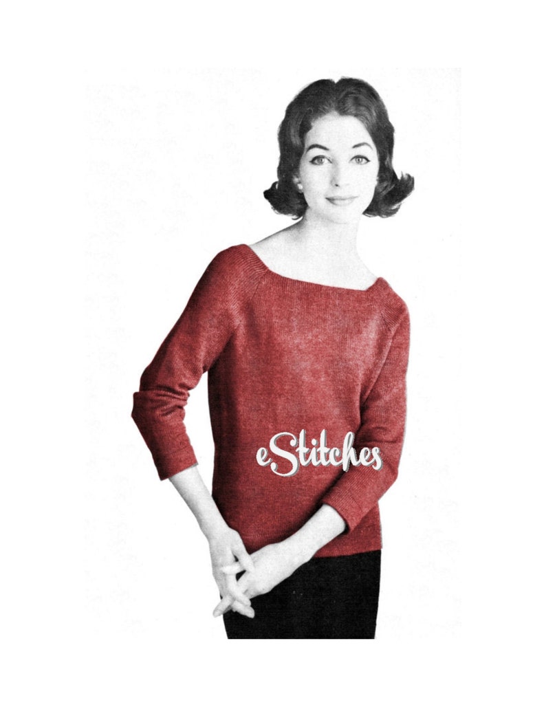May include: A red sweater with a scoop neck and three-quarter sleeves. The sweater is knit and has a slightly textured surface. The model is wearing the sweater with black pants.