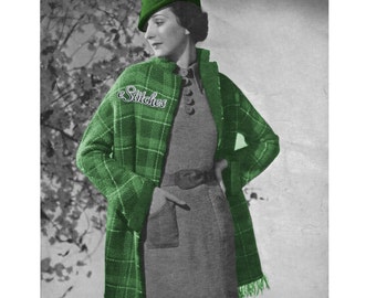 1930s Plaid Coat Hip Length with Collar, Robin Hood Hat and Collared Dress - Knit pattern PDF 3409