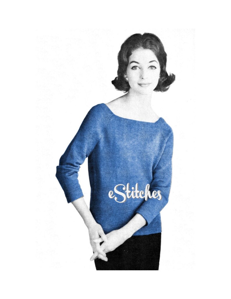 May include: A blue knitted sweater with a scoop neck and three-quarter sleeves. The sweater is worn by a woman with short dark hair. The text "eStitches" is visible on the sweater.