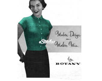 1950s Fitted Button Front Blouse with Short Sleeves, Peter Pan Collar - Knit pattern PDF 1505