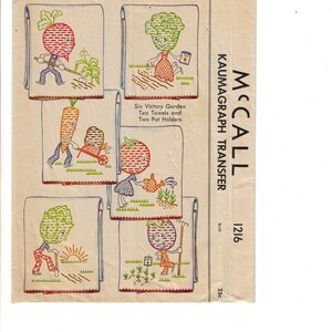 1940s Victory Garden DIY TRANSFERS Vegetable Characters for Tea Towels, Pot Holders and more - 8 PDF Embroidery Transfer patterns 1216 image 3