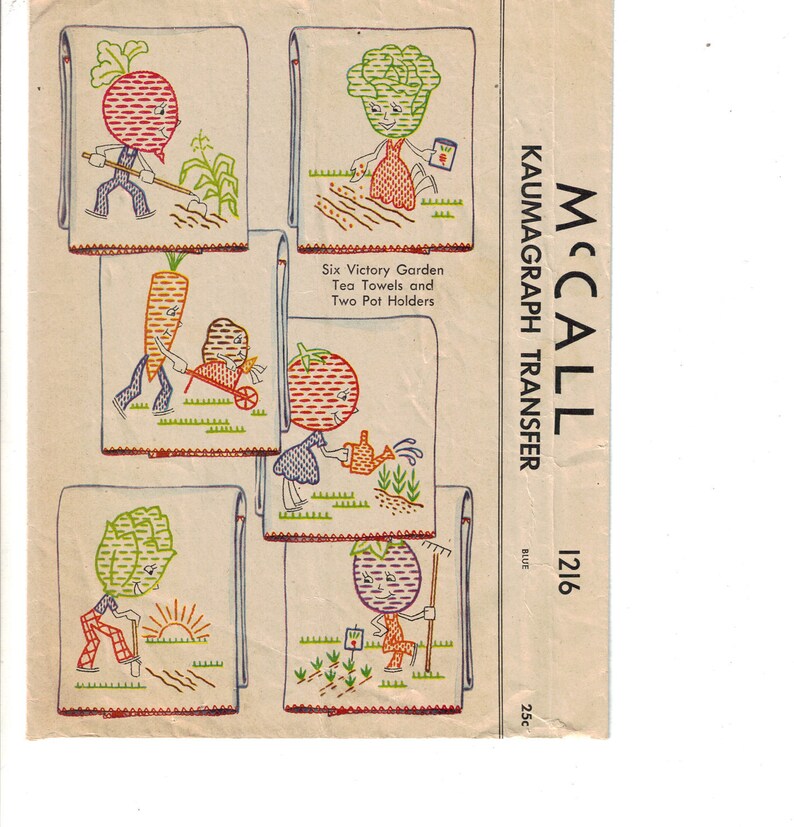 1940s Victory Garden DIY TRANSFERS Vegetable Characters for Tea Towels, Pot Holders and more - 8 PDF Embroidery Transfer patterns 1216 image 3