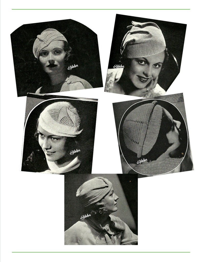 1930s Hats set of Jaunty Turban, Beret Brim Hat, Fez 5 Knit and Crochet patterns PDF 2999 image 3