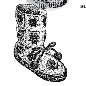 May include: Black and white line drawing of a crocheted slipper with a flower design. The slipper has a pom-pom on the toe and a ribbon tied around the ankle.