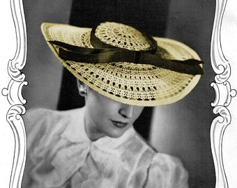 1930s Lacy Wide Brimmed Wedding or Summer Garden Party Hat - Crochet pattern PDF 2338