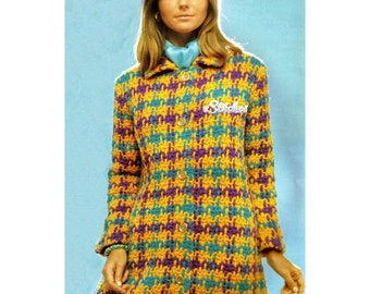 1960s Houndstooth Coat Using Weave In Technique Mod Style- Crochet pattern PDF 6901