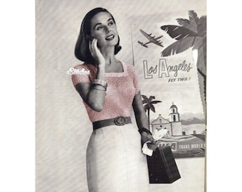 1950s Lace Square Neck Blouse, a Simple Casual Sweater - Crochet pattern PDF 3397