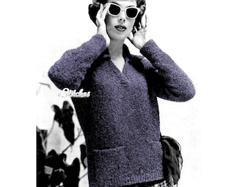 1950s V Neck Pullover Sweater with Pockets - Knit pattern PDF 0854
