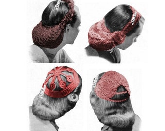 1940s Snood Set of 4 Head Coverings Hats  - 4 Crochet patterns PDF 0435