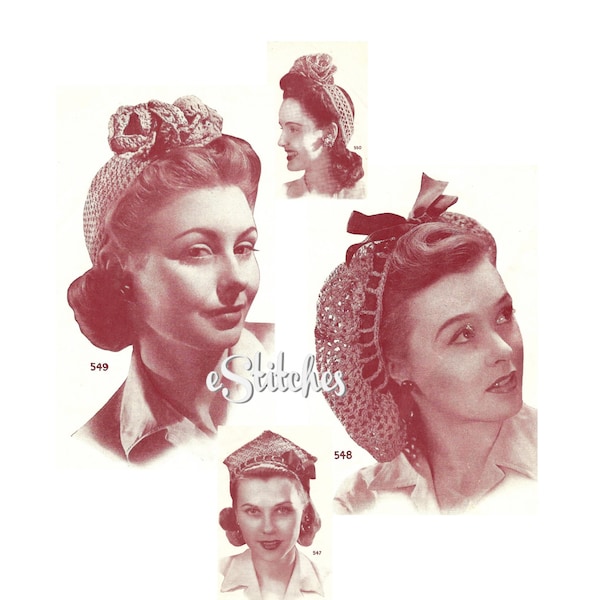 PDF 1940s Snood and Hats, Calot, Pill Box, Bandeau - 4 Crochet patterns PDF 1115