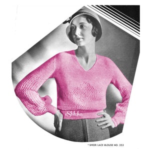 Può includere: Un maglione rosa lavorato a maglia con scollo a V e maniche lunghe. Il maglione ha un motivo a pizzo ed è corto in vita. Il testo "eStitches" è visibile sul maglione. Il testo "SHEER LACE BLOUSE NO. 353" è visibile nella parte inferiore dell'immagine.