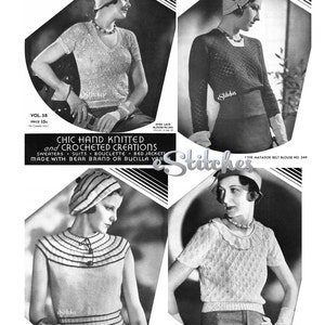 Puede incluir: Cuatro fotos antiguas en blanco y negro de mujeres con diferentes blusas y sombreros de ganchillo. Las fotos son de una revista de tejido vintage llamada "Stitches". La revista es de la década de 1930 y presenta una variedad de diseños de ganchillo.
