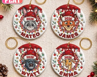 Personalized Zootopia Christmas Ornament, Custom Name 2026 Ornament, Judy Nick Character, 2D Flat Ceramic Tree Decor, Kids Christmas Gift