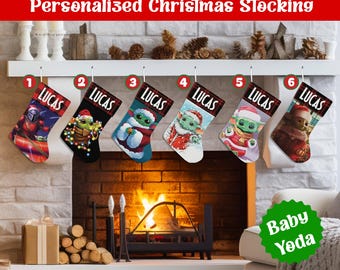 Personalized Baby Yoda Christmas Stocking, Custom Grogu Christmas Stocking, Custom Name Holiday Stocking, Kids Christmas Gift Decor