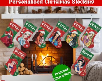 Personalized Disney Princess Christmas Stocking, Custom Ariel Belle Cinderella Snow White Tiana Anna Christmas Stocking Gift For Kids