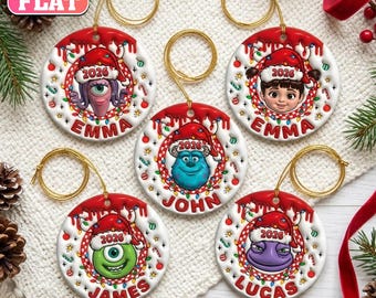 Personalized Monsters Christmas Ornament, Custom Name 2026 Ornament, Mike Sulley Boo Randall Character, 2D Flat Ceramic Tree Decor, Kid Gift