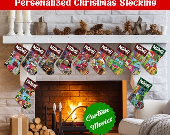 Personalized Christmas Stockings, Custom Cartoon Movie Christmas Stocking, Grinch Stitch Star Wars Lion King Elf Name Gift For Kids Family